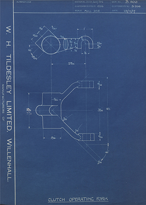 Riley (Coventry) LTD S206 Clutch Operating Fork WH Tildesley Forging Technical Drawing