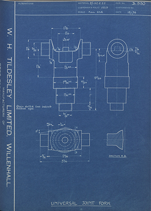 Riley (Coventry) LTD  Universal Joint Fork WH Tildesley Forging Technical Drawing