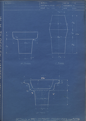 Riley Engine Co  Details of Preliminary Process for A778 WH Tildesley Forging Technical Drawing