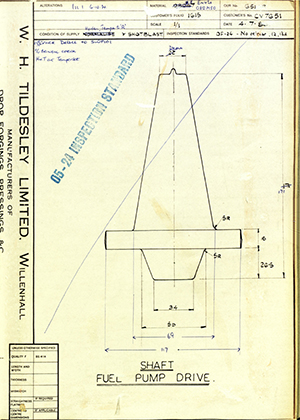 Rolls Royce LTD 040719 Shaft - Fuel Pump Drive WH Tildesley Forging Technical Drawing