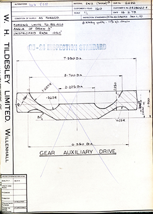 Rolls Royce LTD 0E28062F Gear Auxillary Drive WH Tildesley Forging Technical Drawing