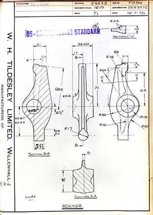 Rolls Royce LTD 0E43572 Rocker WH Tildesley Forging Technical Drawing