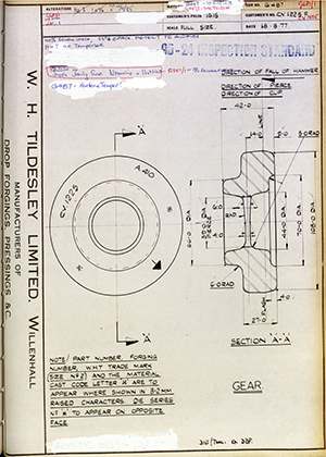 Rolls Royce LTD CV1225F / CV7885 Gear WH Tildesley Forging Technical Drawing