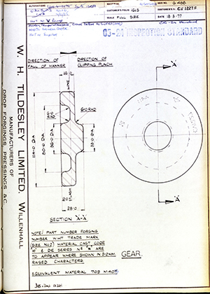 Rolls Royce LTD CV1227F Gear WH Tildesley Forging Technical Drawing