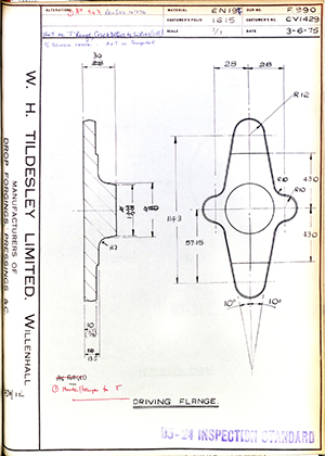 Rolls Royce LTD CV1429 Driving Flange WH Tildesley Forging Technical Drawing