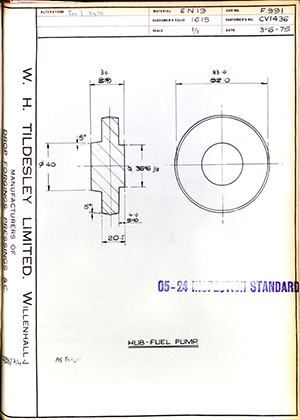 Rolls Royce LTD CV1436 Hub Fuel Pump WH Tildesley Forging Technical Drawing