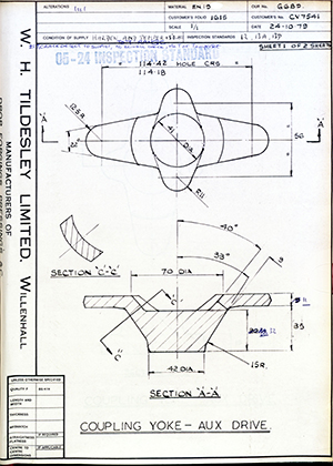 Rolls Royce LTD CV7541 Coupling Yoke - Auxillary Drive WH Tildesley Forging Technical Drawing