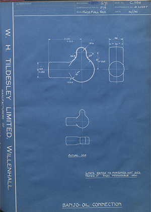 Rolls Royce LTD D2039F Banjo-Oil Connection WH Tildesley Forging Technical Drawing