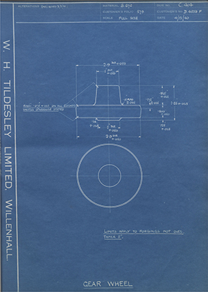 Rolls Royce LTD D4558F Gear Wheel WH Tildesley Forging Technical Drawing