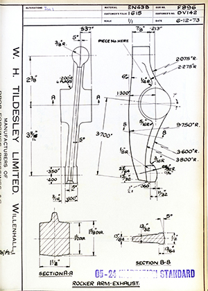 Rolls Royce LTD DV142 Rocker Arm - Exhaust WH Tildesley Forging Technical Drawing