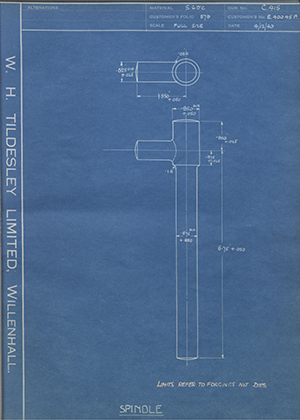 Rolls Royce LTD E40045F Spindle WH Tildesley Forging Technical Drawing