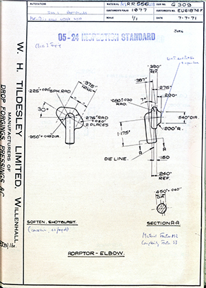 Rolls Royce LTD EU61874F Adaptor - Elbow WH Tildesley Forging Technical Drawing