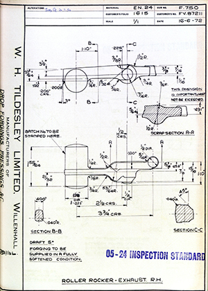 Rolls Royce LTD FV87211 Roller Rocker - Exhaust - RH WH Tildesley Forging Technical Drawing