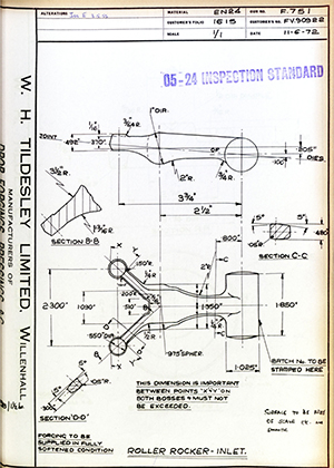 Rolls Royce LTD FV90922 Roller Rocker - Inlet WH Tildesley Forging Technical Drawing