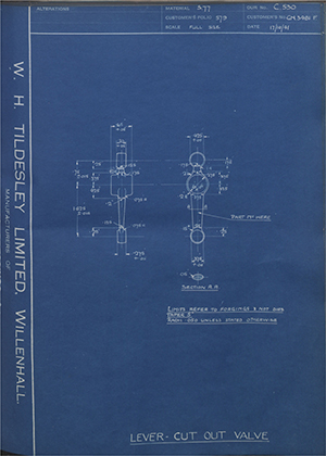 Rolls Royce LTD GN3481F Lever - Cut out Valve WH Tildesley Forging Technical Drawing