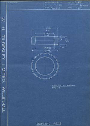 Rolls Royce LTD GN3666F Coupling Piece WH Tildesley Forging Technical Drawing