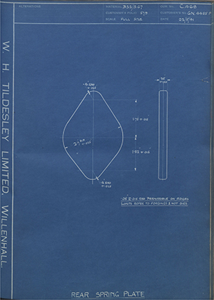 Rolls Royce LTD GN4455F Rear Spring Plate WH Tildesley Forging Technical Drawing