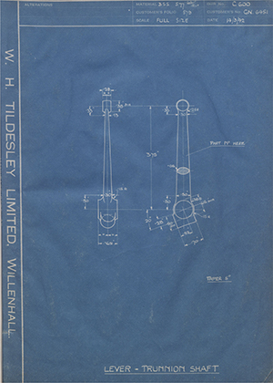 Rolls Royce LTD GN6451 Lever Trunnion Shaft WH Tildesley Forging Technical Drawing