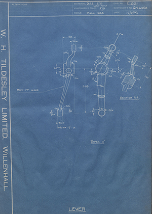 Rolls Royce LTD GN6458 Lever WH Tildesley Forging Technical Drawing