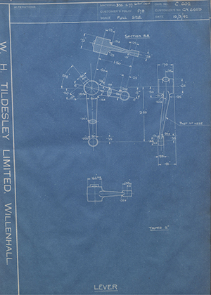 Rolls Royce LTD GN6459 Lever WH Tildesley Forging Technical Drawing