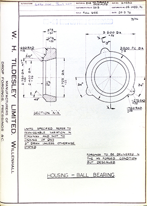 Rolls Royce LTD OE1483/FC Housing - Ball Bearing WH Tildesley Forging Technical Drawing