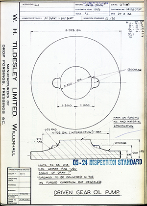Rolls Royce LTD OE28083F Driven Gear Oil Pump WH Tildesley Forging Technical Drawing