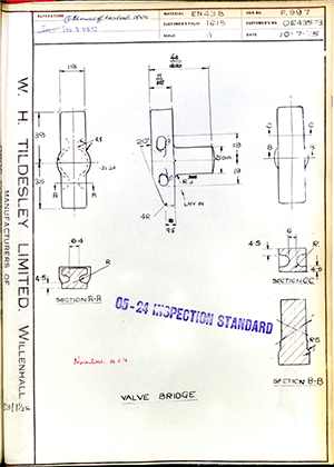 Rolls Royce LTD OE43573 Valve Bridge WH Tildesley Forging Technical Drawing