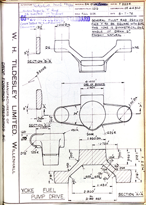 Rolls Royce LTD OE44310 Yoke Fuel Pump Drive WH Tildesley Forging Technical Drawing