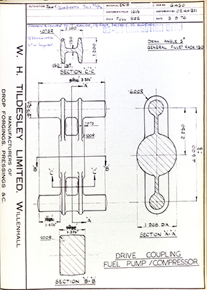 Rolls Royce LTD OE44311 Drive Coupling Fuel Pump/Compressor WH Tildesley Forging Technical Drawing