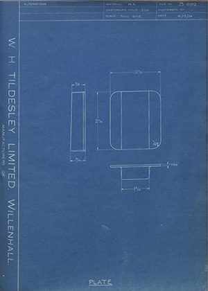 S J & E Fellows Plate WH Tildesley Forging Technical Drawing