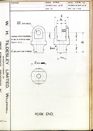 Scammell Motors (Leyland) 29R1301A Fork End WH Tildesley Forging Technical Drawing