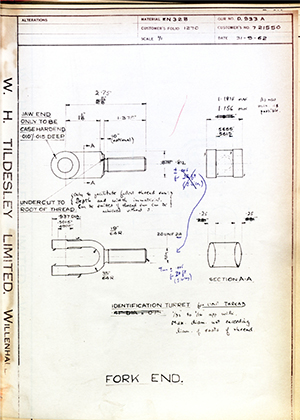 Scammell Motors (Leyland) 721550 Fork End WH Tildesley Forging Technical Drawing