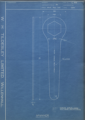 Shorthouse & Company  Spanner WH Tildesley Forging Technical Drawing