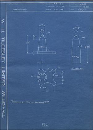 Sir WG Armstrong Whitworth Aircraft LTD PS797 Peg WH Tildesley Forging Technical Drawing