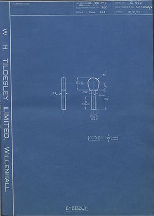 Sir WG Armstrong Whitworth Aircraft LTD SP33063/2 Eyebolt WH Tildesley Forging Technical Drawing