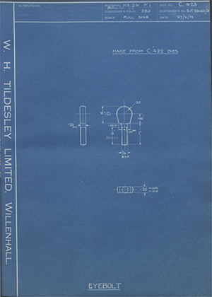 Sir WG Armstrong Whitworth Aircraft LTD SP33063/3 Eyebolt WH Tildesley Forging Technical Drawing