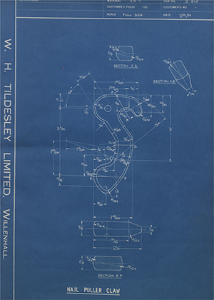 Smith Francis Tools LTD  Nail Puller Claw WH Tildesley Forging Technical Drawing