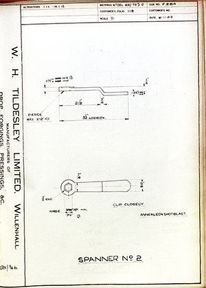 Smith Francis Tools LTD  Spanner No2 WH Tildesley Forging Technical Drawing