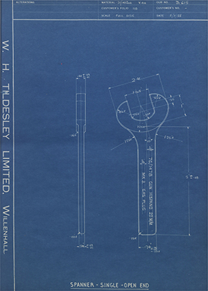 Smith Francis Tools LTD  Spanner - Single Open End WH Tildesley Forging Technical Drawing