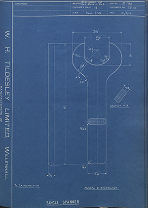 Smith Francis Tools LTD TW131 Single Spanner WH Tildesley Forging Technical Drawing