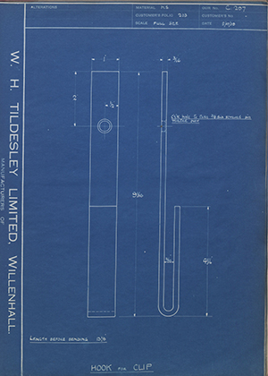 Stewarts & Lloyds LTD  Hook for Clip WH Tildesley Forging Technical Drawing