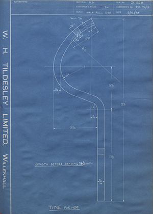 Suffolk Iron Foundry PH 20/19 Tine for Hoe WH Tildesley Forging Technical Drawing