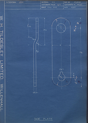 T Gameson & Son LTD 3873/1 Side Plate WH Tildesley Forging Technical Drawing