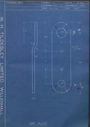 T Gameson & Son LTD 3873/2 Side Plate WH Tildesley Forging Technical Drawing