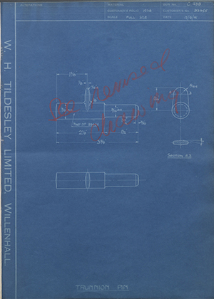 The Bristol Aeroplane Company LTD 93455 Trunnion Pin WH Tildesley Forging Technical Drawing