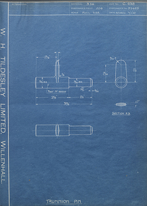 The Bristol Aeroplane Company LTD 93455 Trunnion Pin WH Tildesley Forging Technical Drawing