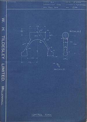 The Bristol Aeroplane Company LTD FB904665 Control Fork WH Tildesley Forging Technical Drawing