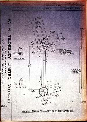 The British Tool & Engineering Co 180407-C 48A x 28A A/F Midget Open Jaw Spanner WH Tildesley Forging Technical Drawing