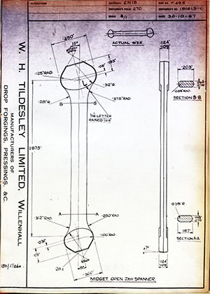 The British Tool & Engineering Co 181613-C Midget Open Jaw Spanner WH Tildesley Forging Technical Drawing