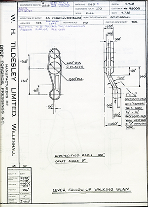 The British Tool & Engineering Co 95000 Lever, Follow up walking beam WH Tildesley Forging Technical Drawing